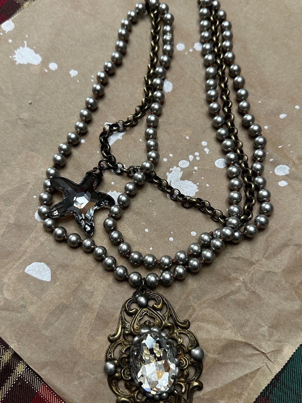 Antique-Style Silver Bead Multi-Strand Necklace with Clear Crystal Pendant